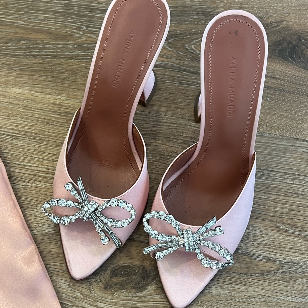Amina Muaddi Pink Satin Crystal Bow Mules - Picture 4 of 11